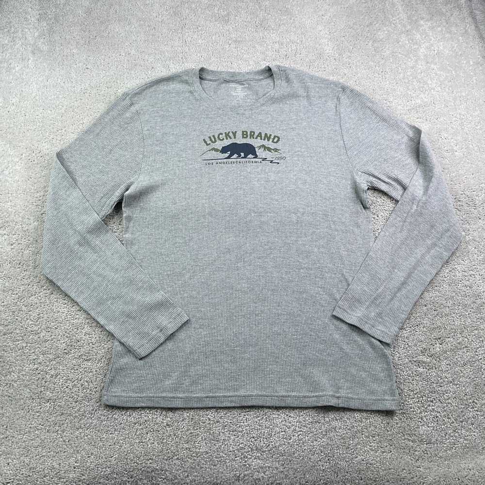 Lucky Brand‎ Shirt Mens Large Gray Waffle Knit Thermal Bear Graphic Long Sleeve